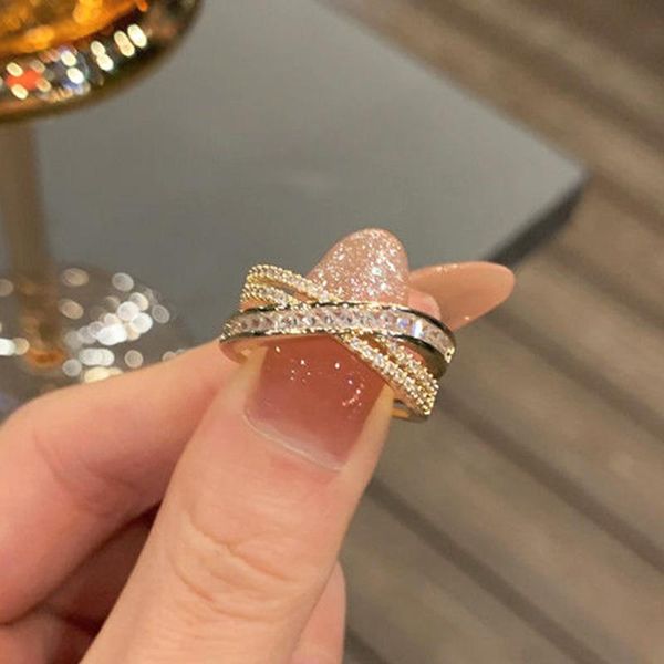 

cluster rings ins advanced 14k real gold cross geometry for women jewelry adjustable open design inlay zircon party, Golden;silver