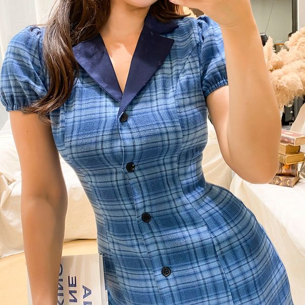 

2021 new university style vintage blue plaid thin above the single knee-breasted women's dress summers short lantern line k8l3, Black;gray