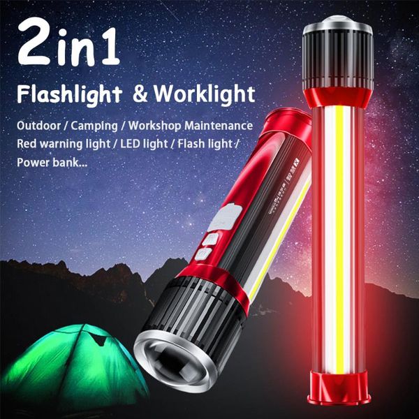 

2in1 led torch t6 usb rechargable 20w cob work light zoom portable flash light waterproof power bank camp