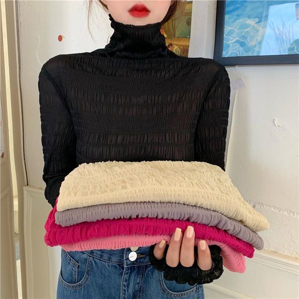 

women's t-shirt zoki turtleneck women t shirt autumn long sleeve lace mesh basic causal pleated black female tees korean slim shir, White