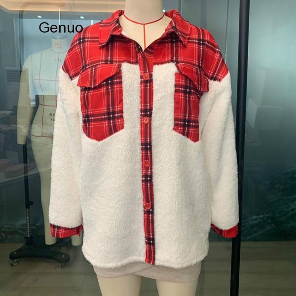 

winter women shirt vintage oversize plaid shirt pockets long sleeve turn-down collar thick blouse autumn casual warm outwear, Black;brown
