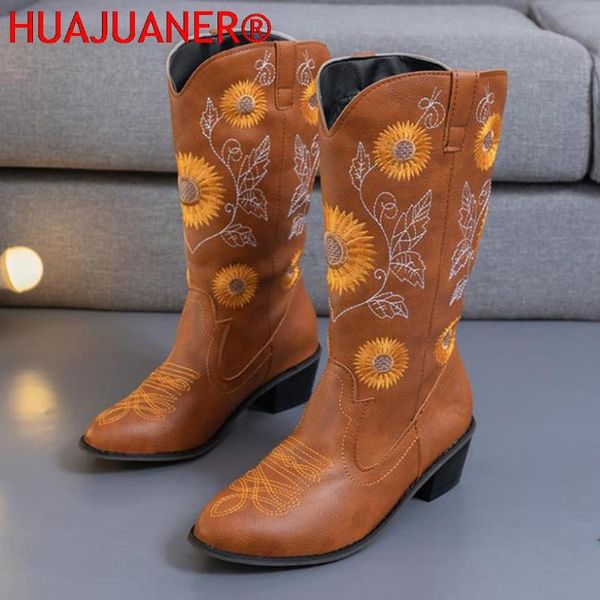 

boots women 2022 autumn sunflower embroider pointed toe slip on western mid-calf waterproof laides winter shoes, Black