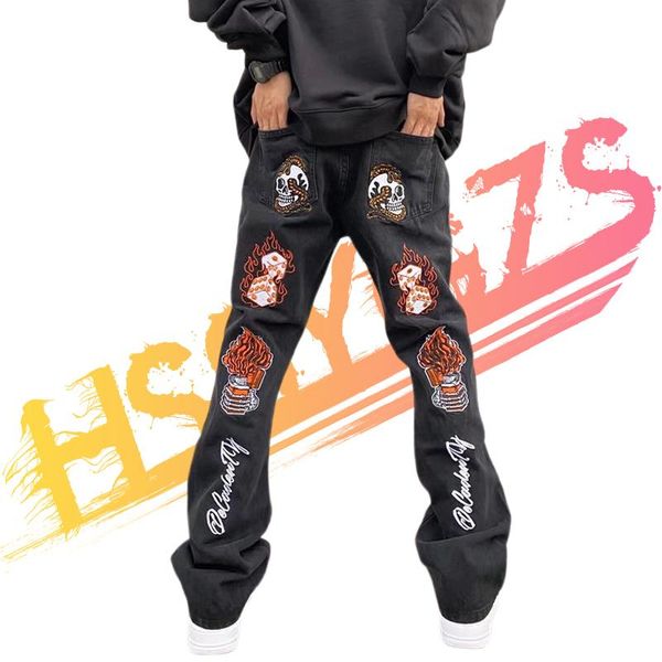 

men's jeans flare black hip hop pants streetwear men skull embroidery goth style 100% cotton denim trousers mens clothing, Blue