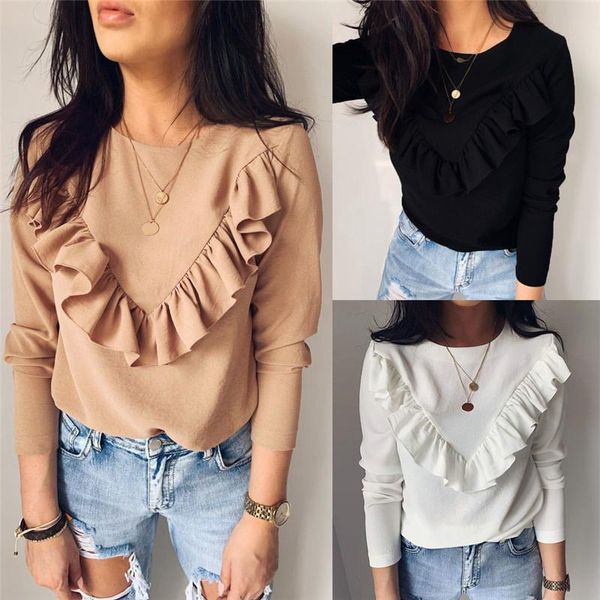 

women's blouses & shirts women patchwork design ruffles decor 2021 autumn winter o-neck long sleeve solid color elegant lady slim, White