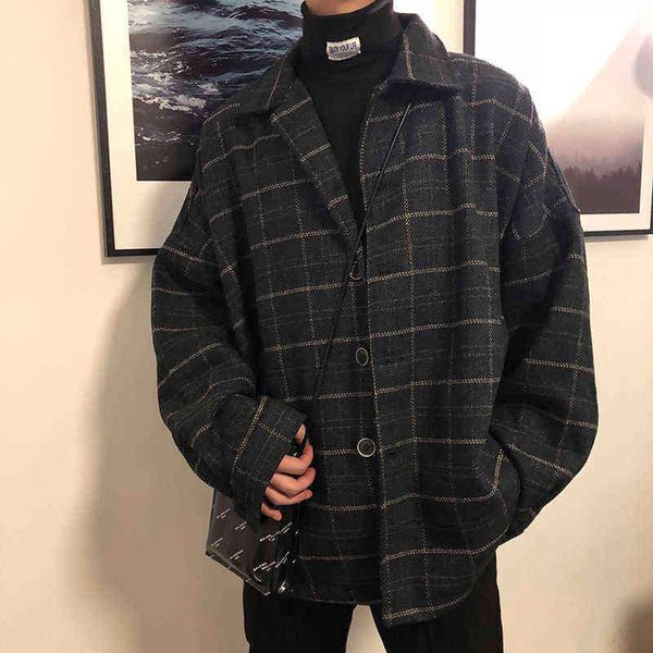 

2020 simple retro check jacket tide boy japanese street autumn and winter wild plaid thick shirt, Black;brown