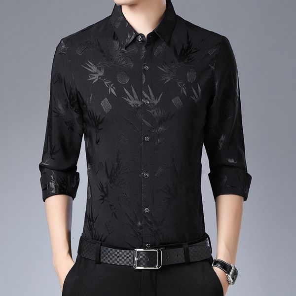

2021 men's spring autumn fashion solid color jacquard leisure slim fitting long sleeve shirt middle-aged and young trend men, Black