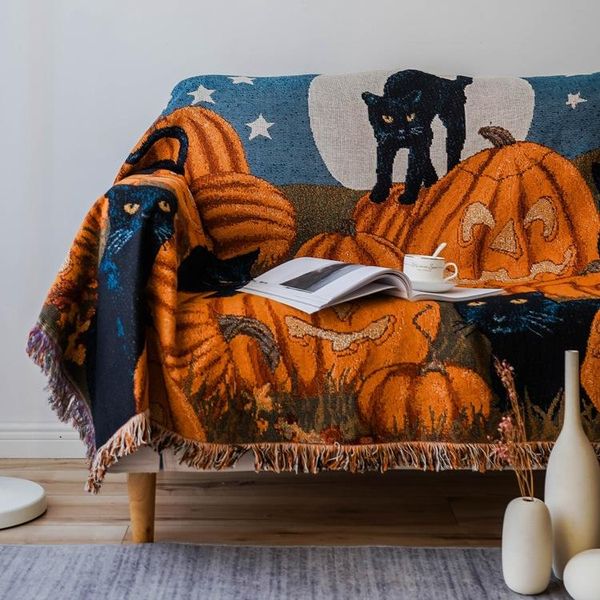 

blankets halloween pumpkin cat series universal sofa towel blanket tassel fringe throw tapestry couch bedding home decor american style