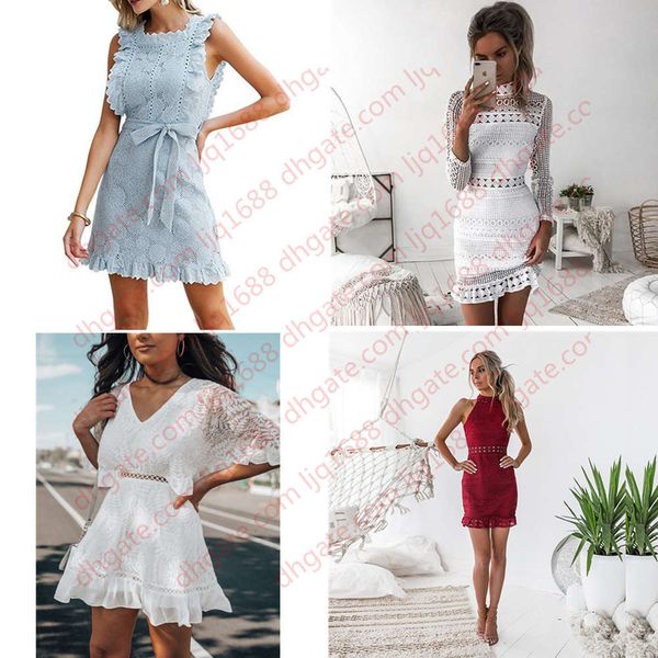 

6 colors elegant hollow out lace dress women ladies sleeveless summer midi white dress spring short casual hollow party evening dresses, Black;gray