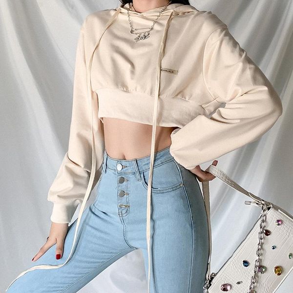 

women's hoodies & sweatshirts 2021 spring women chic croped loose casual navel bare cropped long sleeve cotton pullovers girl cloth, Black