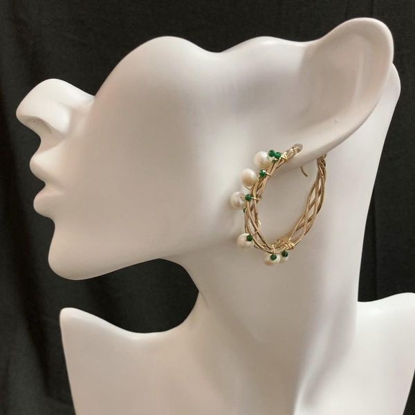 

hoop & huggie women's big circle earrings vintage simple exaggerated jewelry natural freshwater pearl earring bohemia beaded ear studs, Golden;silver