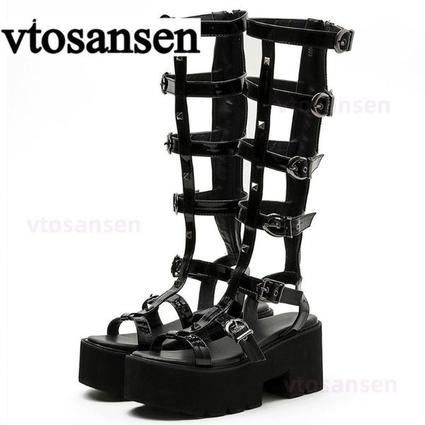 

sandals 2021gladiator women black comfy walking chunky heels gothic style platform summer shoes patent leathergirl