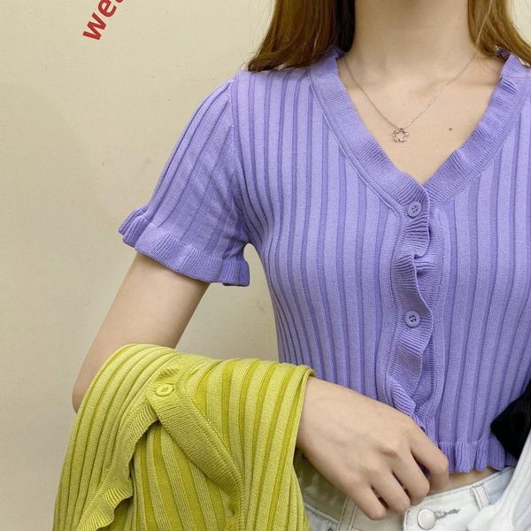

women ruffles knitted short sleeve cropped sweaters cardigans lady summer above navel thin sweet sweater crop female, White;black
