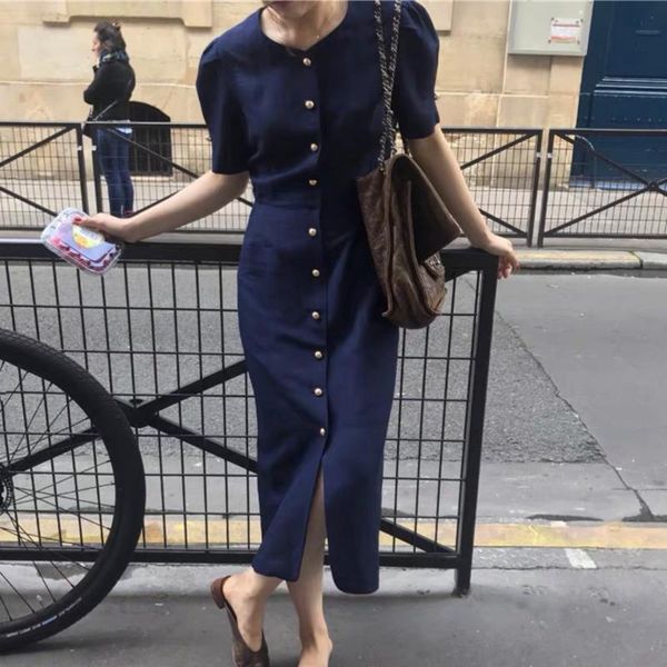 

casual dresses vintage solid summer dress women short sleeve o neck office lady robe single breasted korean bodycon long dresse slim vestido, Black;gray