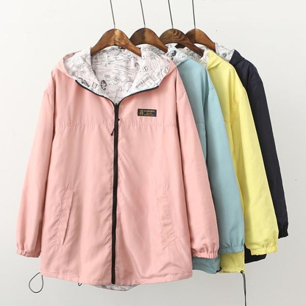 

spring women jacket two sides wear bomber main zippered pocket with a hood jackets printing cartoon loose plus size a224, Black;brown