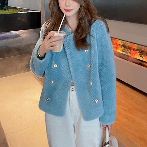 

women's fur & faux women coat winter short length 2021 arrival real sheep wool jacket lamb o-neck collar thick warm casual style, Black