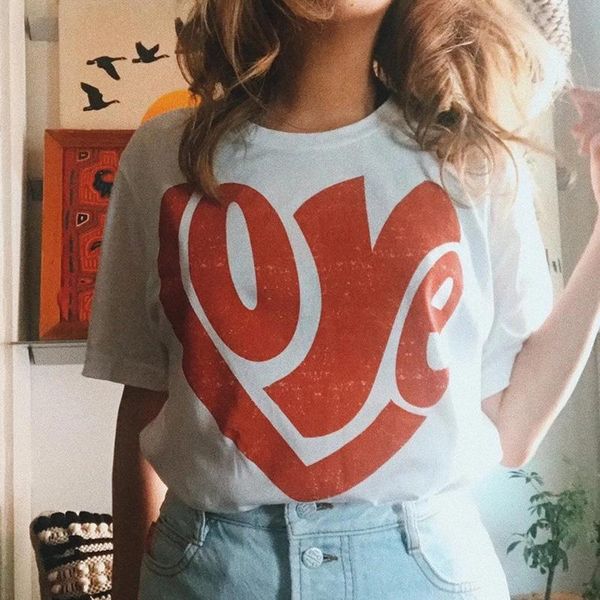 

women's t-shirt cute more love 70s inspired ladies tee summer red heart design graphic tshirt plus size white cotton vintage sweet casu