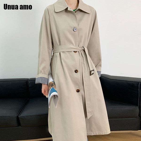 

women's trench coats unua amo 2021 autumn casual long women coat loose single breasted belted outwear female college style windbreaker, Tan;black