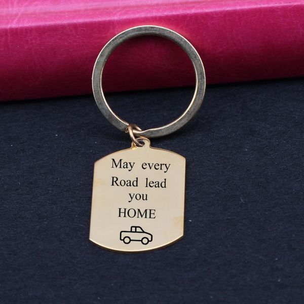 

keychains laser engraved may every road lead you home pickup trucks key chains gift for couples lover's parents family keys holder driv, Silver