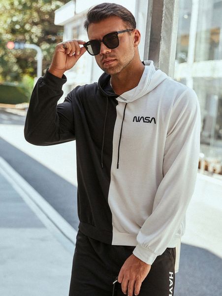 

extended sizes men two tone letter graphic drawstring hoodie g4jh#, Black