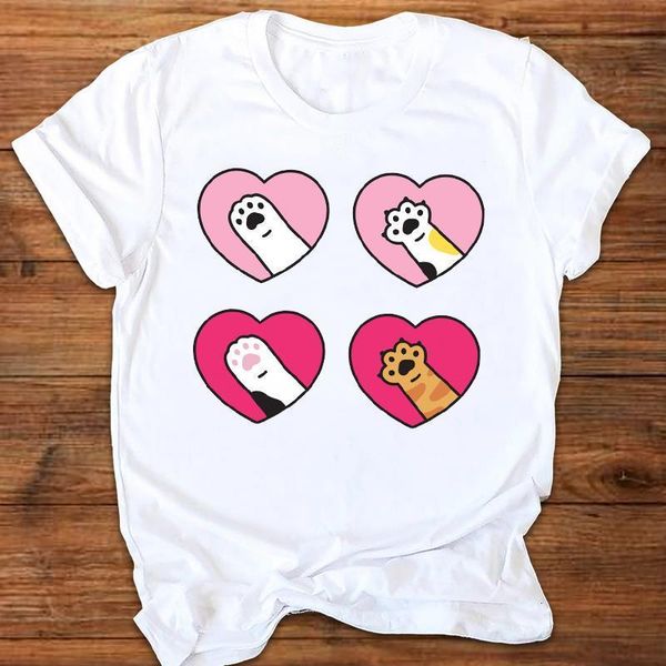 

women graphic cat paw cartoon love animal 90s ladies printing print clothes lady tees female t shirt womens t-shirt, White