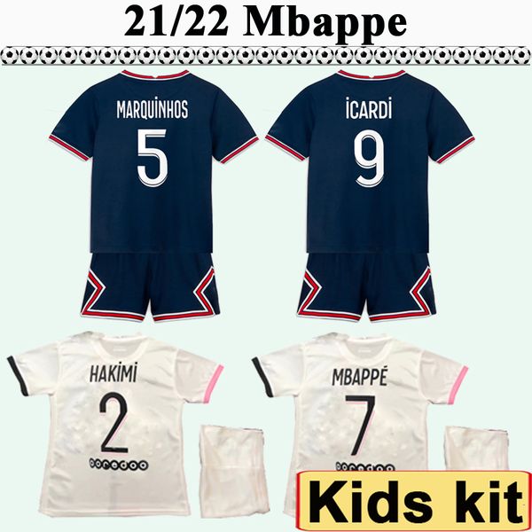 

21 22 icardi mbappe kids kit soccer jerseys draxler home away football shirts di maria kimpembe verratti maillot de foot uniforms, Black