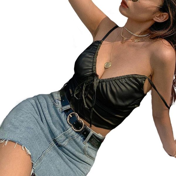 

women's tanks & camis women street style drawstring sleeveless spaghetti strap big open deep v-neck solid color fashion, White
