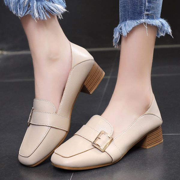 

elegant women pumps metal buckle loafers 2020 fashion ladies shoes solid color comfortable pu slip-on women office shoes, Black