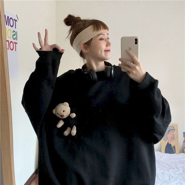 

female harajuku sweatshirt send bears 2021 autumn niche design sense loose student wild shirt long sleeves in super fire dkfj, Black