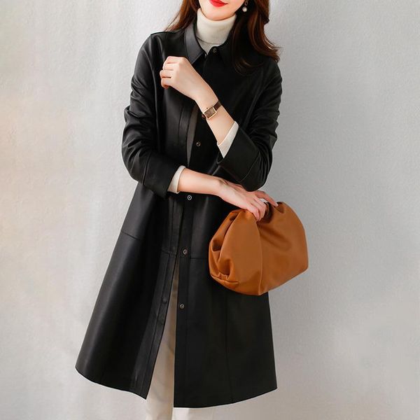 

women's leather & faux autumn and winter of 2021 haining fashion medium long foreign style young wine red sheepskin real jacket, Black