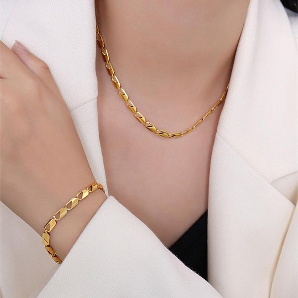 

chains 2021 luxury stainless steel gold women's neck chain necklace bracelet set fashion clavicle choker for women jewelry, Silver