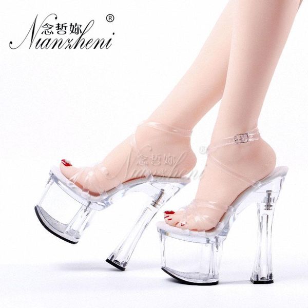 

sandals 7 inches big size women's crystal clear roman hollow narrow band open toe18cm super high heeled shoes models party show, Black