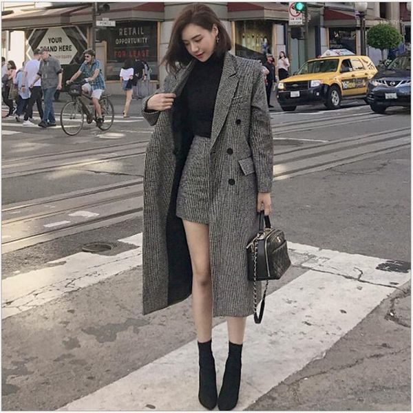 

winter coat casual plaid women clothing lapel long sleeve office lady female warm woolen coat + skirt two-piece suit e2021, Black