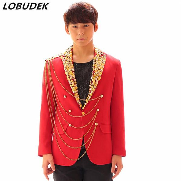 

men's suits & blazers england style male formal suit jackets tide slim red with buttons chain coat host stage costume singer star outfi, White;black