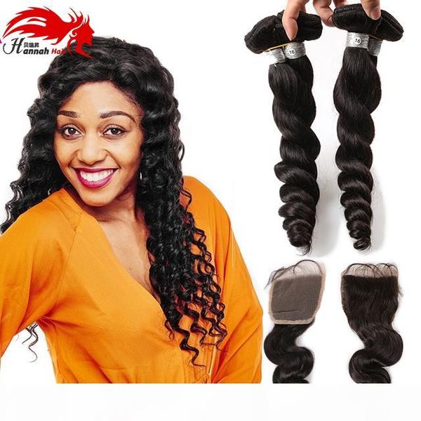 

peruvian virgin hair loose wave with closure 7a peruvian human hair bundles with closure lace closure with 3 bundles, Black