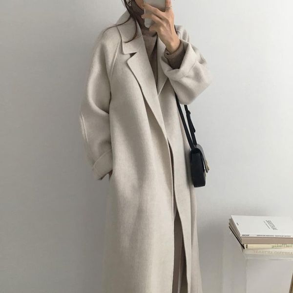 

women's wool & blends autumn winter women solid color long coat with belt female elegant office sleeve outerwear pockets 2021, Black