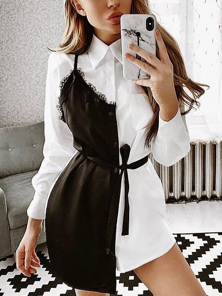

casual dresses contrast color eyelash lace insert shirt dress autumn women elegant brief asymmetrical mini party female, Black;gray
