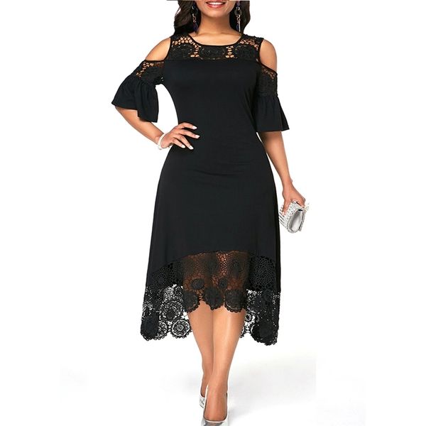

icclek s-7xl plus size dress lace stitching evening party summer maxi women dress large ladies short sleeve floral elegant 210309, Black;gray