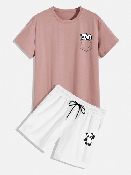 

men cartoon panda print tee with track shorts 69pa#, Gray