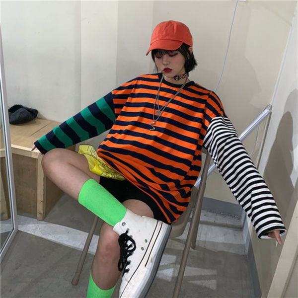 

oversized cotton woherb long sleeve t shirt striped print contrast tees women and man autumn 2020 streetwear harajuku tshirts c0220, White