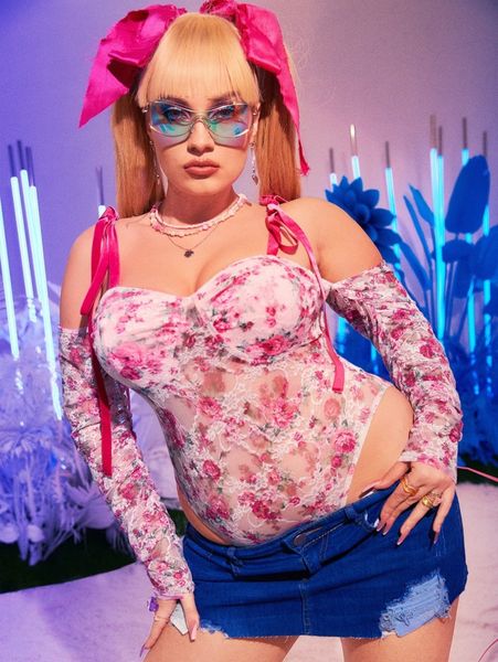 

plus cold shoulder floral lace bodysuit s9qf#, Black