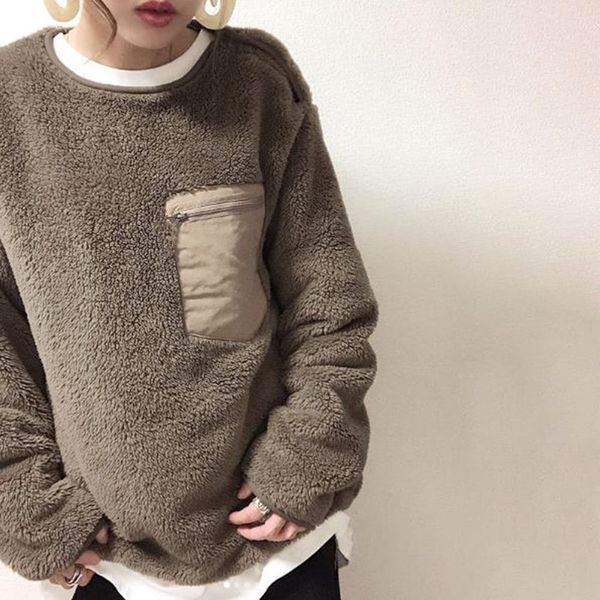 

new 2021 autumn long sleeve sweater plush women's pocket chic bohemian teddy bear coat spring solid brown o djlp, Black