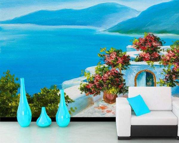 

wallpapers papel de parede summer seascape oil painting house flowers 3d wallpaper,living room tv wall bedroom papers home decor mural