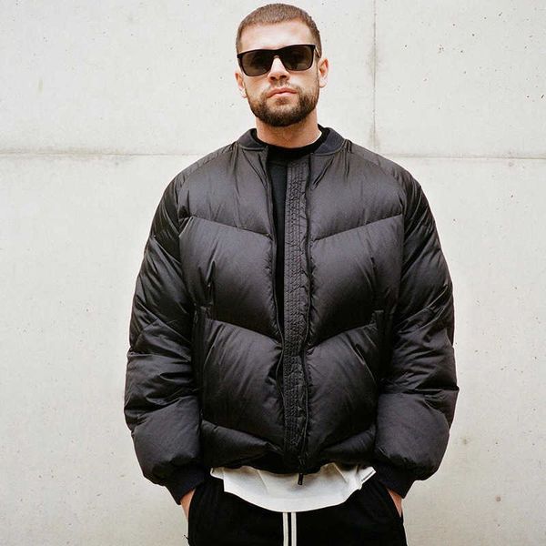 

men's down rep satin down high street tide brand solid color baseball collar loose bread cotton jacket with the same style, Black