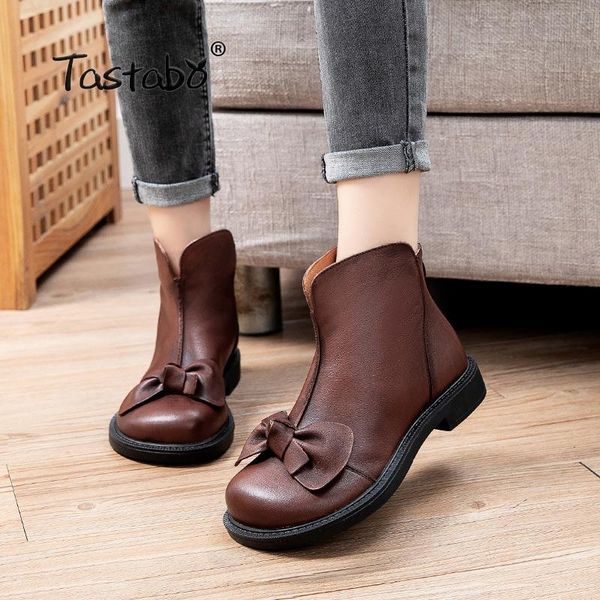 

boots women autumn ankle genuine leather bow chunky flats with short zipper round toe shoes female 865, Black