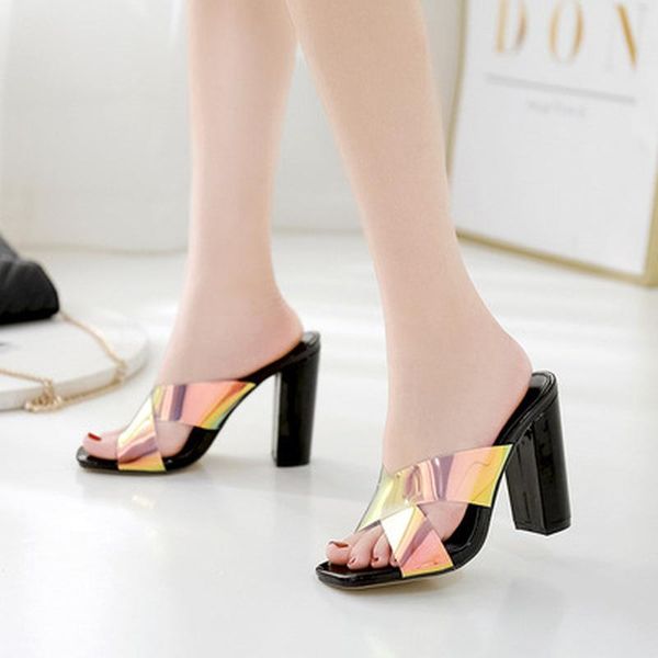 

sandals 2021 ladies super women shoes fashion show pointed t slippers open toe 11 cm thick heel, Black