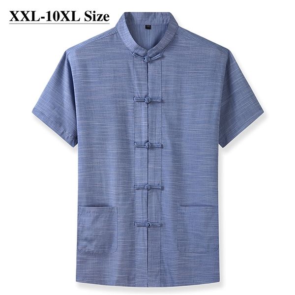 Plus Size 7XL 8XL 9XL 10XL Camicia a maniche corte da uomo Stile cinese Tang Suit Allentato Casual Tradizionale Kung Fu Uniforme maschile 210721