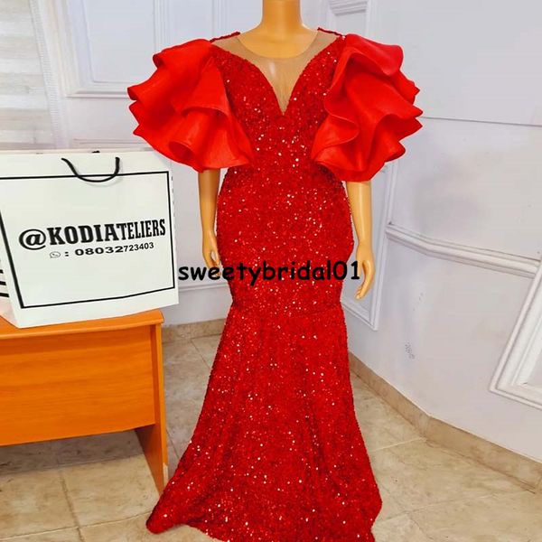 Seuqins robe de bal rouge scintillant sirène 2021 manches courtes Aso Ebi robes de soirée formelles robes de cocktail