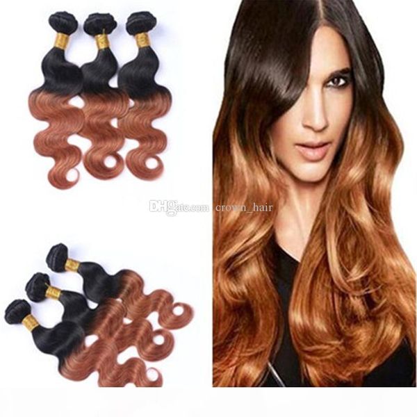 

brazilian 9a ombre brown human hair bundles 3pcs lot dark root 1b 30 hair weaves 2 tone ombre body wave hair extensions, Black