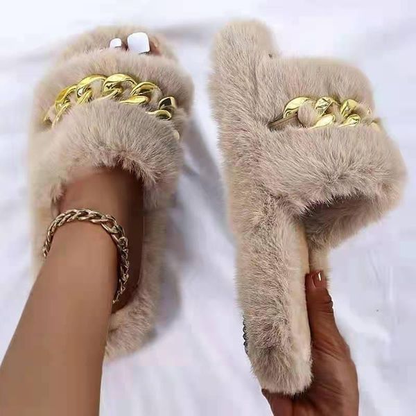 

slippers women's metal chain open toe furry shoes female solid color soft bottom home slides women flat lazy mules sandal, Black