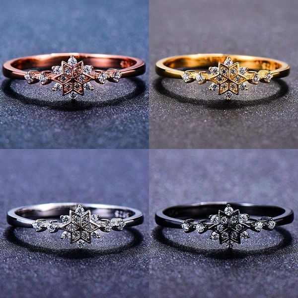 

cluster rings dainty female white crystal stone ring cute real sterling silver wedding for women charm snowflake thin engagement, Golden;silver